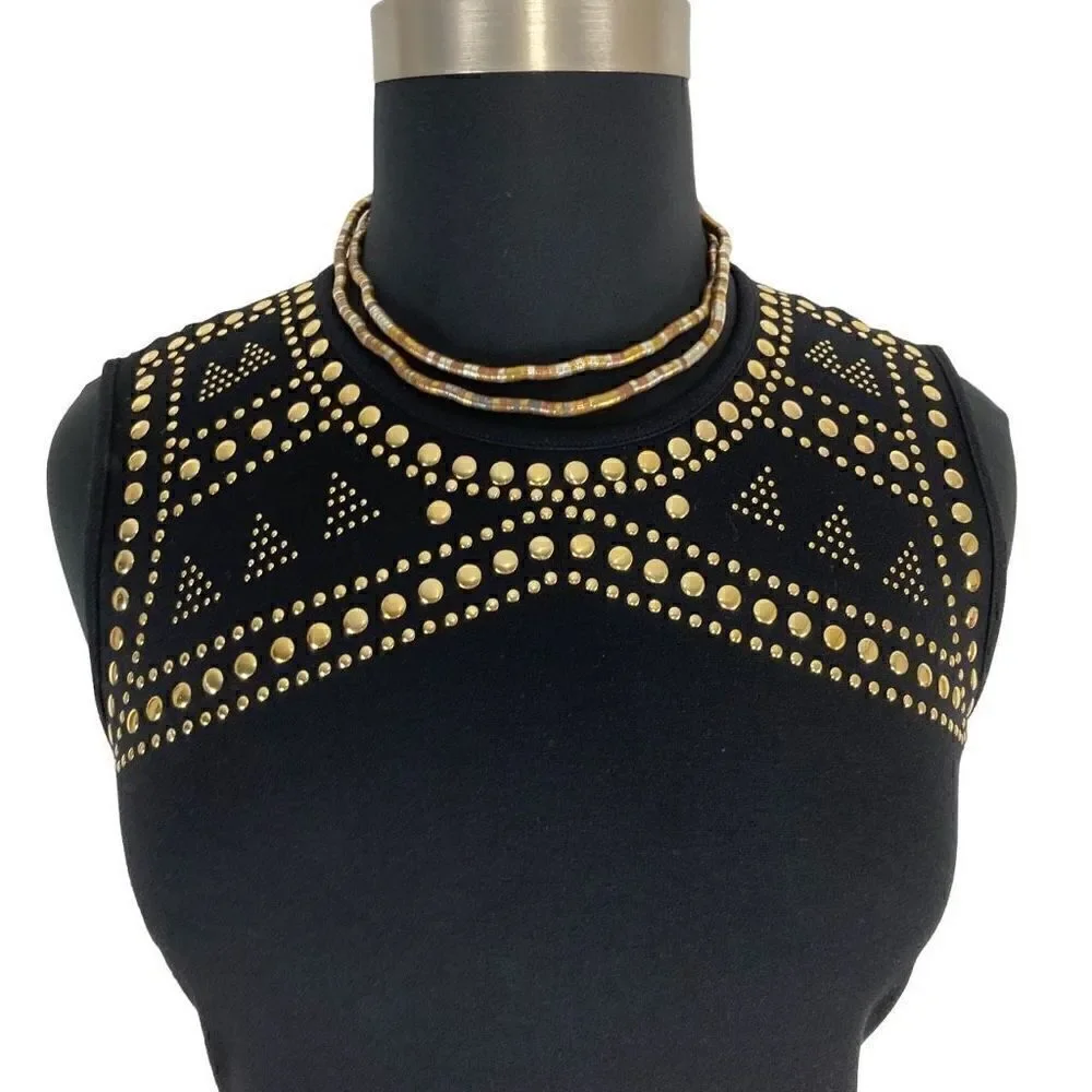 Carmen Marc Valvo L Tank Dress Black Gold Studded Y2K Goth Punk Sheath Cyberpunk - Picture 6 of 6
